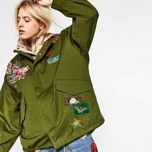 Zara Flower Peacock Embroidered Patch Parka Jacket